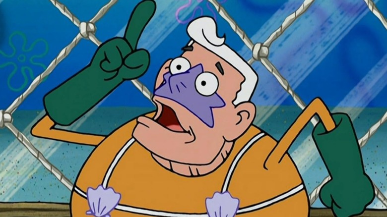 Mermaidman pointing a finger upward as if saying something heroic on SpongeBob Squarepants