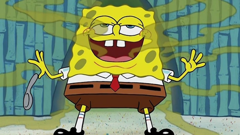 SpongeBob looking pleased while a green fog emanates from various points all over his body in translucent strands of what appears to be odor on SpongeBob SquarePants