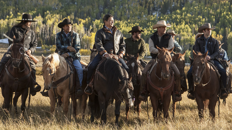 John Dutton and Thomas Rainwater lead men on horseback in "Yellowstone" (2018-2024)