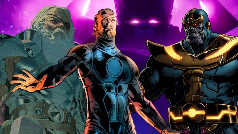 Galactus from Fortnite watches over King Thor, Franklin Richards, and Thanos from Marvel Comics