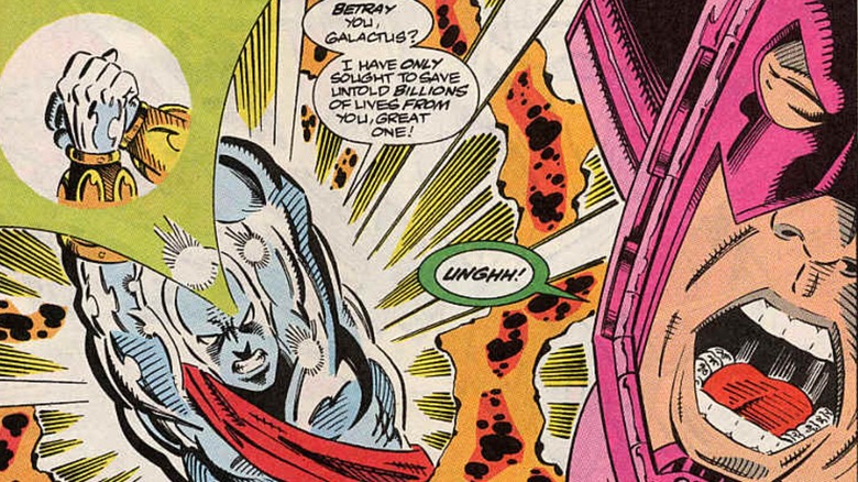 Silver Surfer pummels Galactus with two fists in "Guardians of the Galaxy" #25