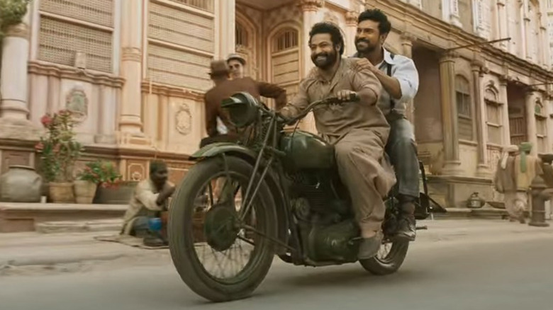 NTR and Ram Charan on a motorcycle