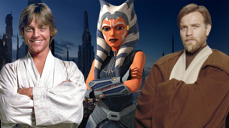 Luke Skywalker in A New Hope, Ahsoka Tano in The Clone Wars, and Obi-Wan Kenobi in Revenge of the Sith