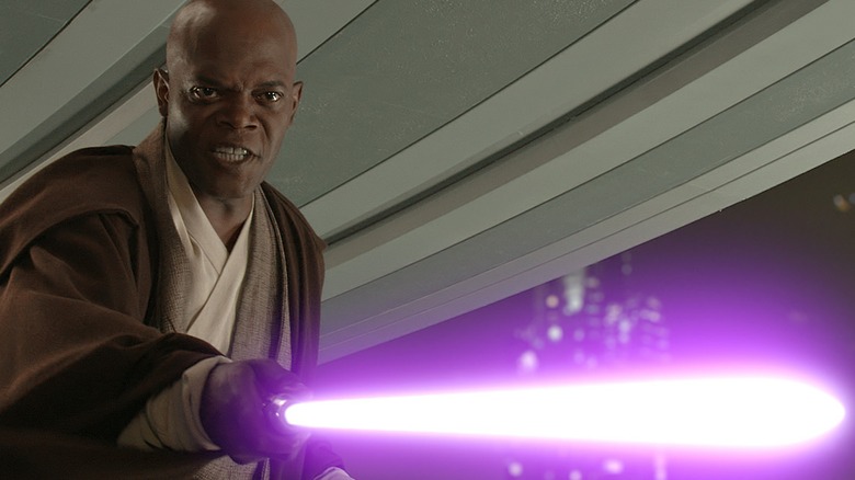 Jedi Master Mace Windu wielding his lightsaber in Star Wars Revenge of the Sith