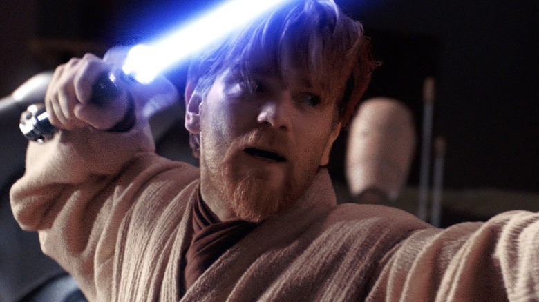 Jedi Master Obi-Wan Kenobi wielding his lightsaber in Star Wars Revenge of the Sith