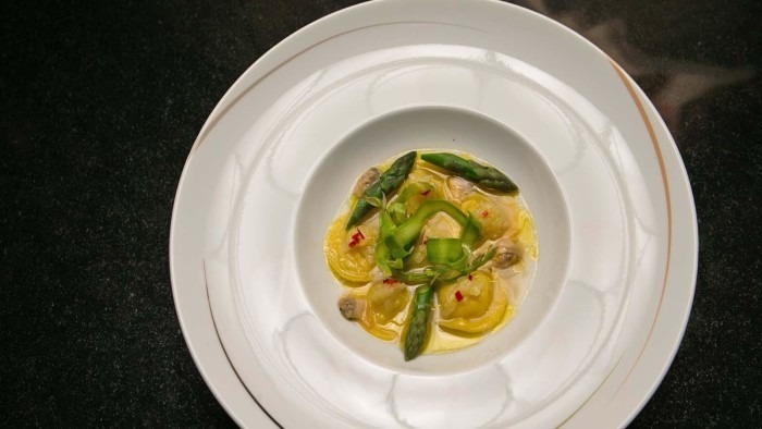 Winter Garden by Caino Potato Tortelli with Friggitelli cream, salicornia, and almonds