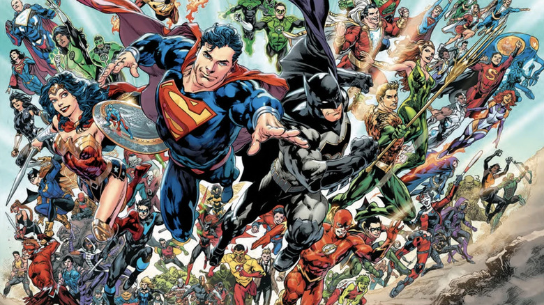 DC superheroes flying together