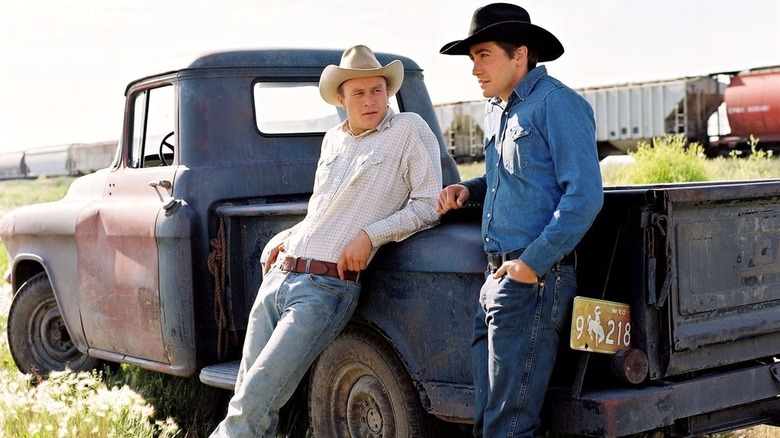 Ennis Del Mar and Jack Twist lounge between work shifts in "Brokeback Mountain" (2005)