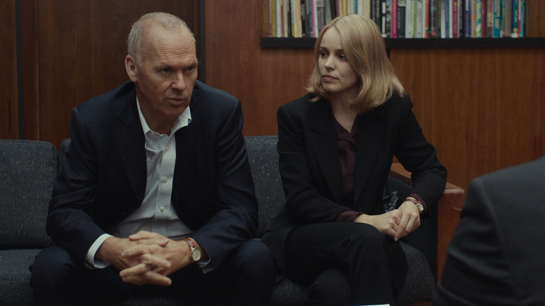 Editor Walter Robinson and one of his reporters, Sacha Pfeiffer (Rachel McAdams), pursuing their story in "Spotlight"