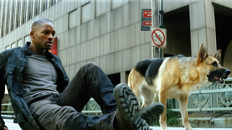 Robert Neville and his dog encounter evil in New York in "I Am Legend" (2007)