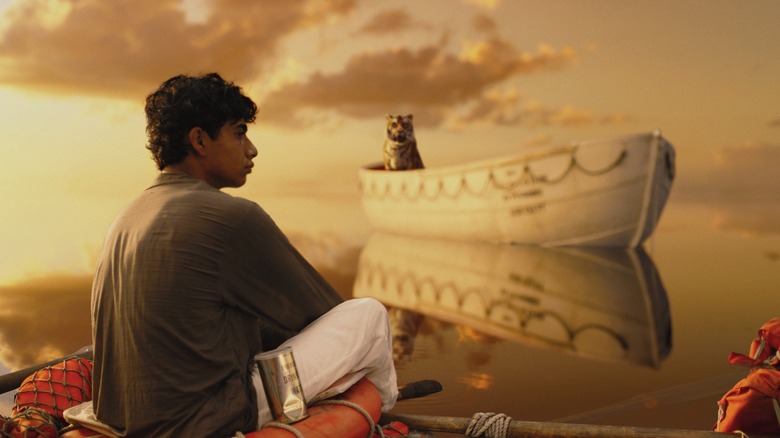 Pi and Richard Parker on the sea in "Life of Pi" (2012)