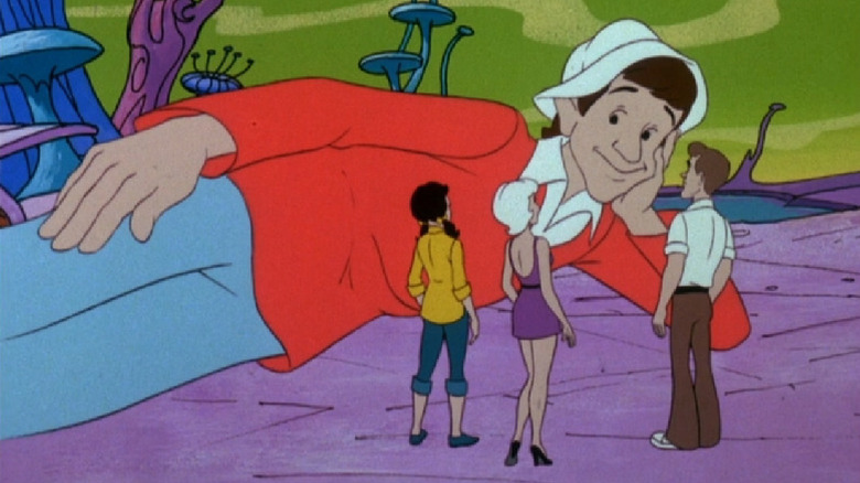 A giant Gilligan talks to the castaways on "Gilligan's Planet" (1982-1983)