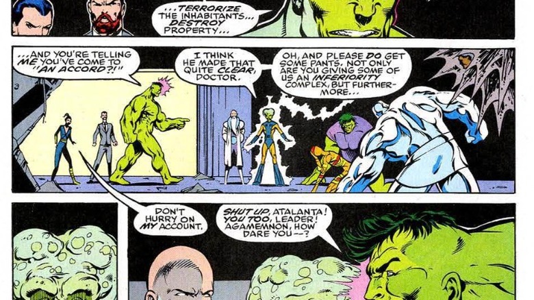 A naked Hulk walking angrily about the Mount and arguing with the Leader and Agamemnon in The Incredible Hulk #398