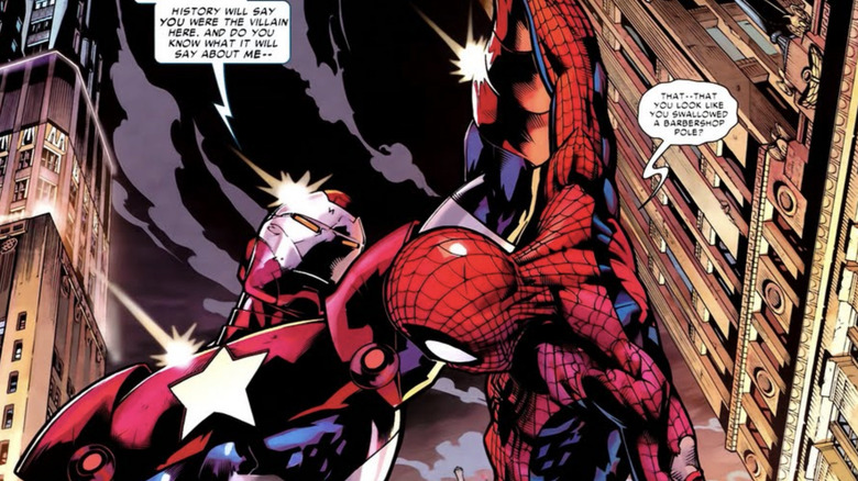 Iron Patriot capturing Spider-Man