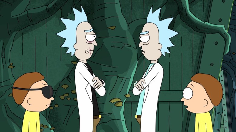 Rick and Morty facing off against evil Rick and Morty in "Close Rick-Counters of the Rick Kind"