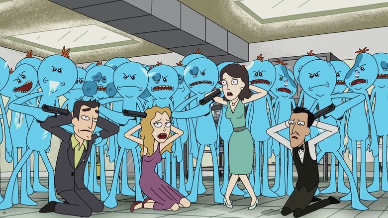 Numerous Mr. Meeseeks holding people hostage at gunpoint in "Meeseeks and Destroy"