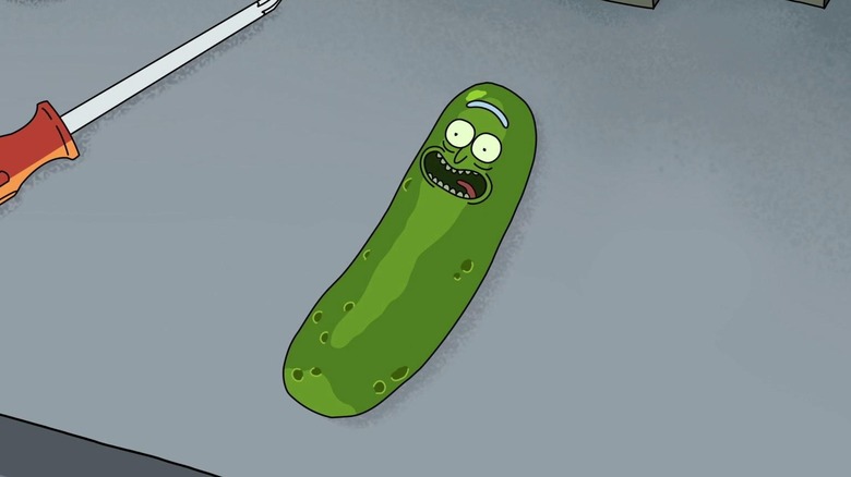 Rick as a pickle sitting atop his workbench in "Pickle Rick"