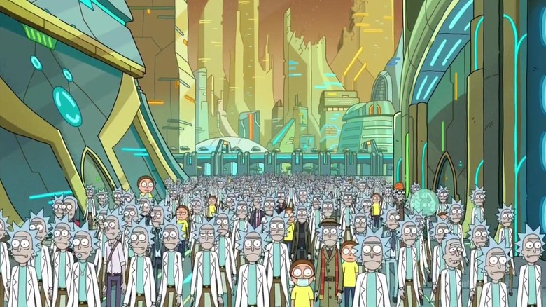 Numerous Ricks and Mortys on the Citadel in The Ricklantis Mixup