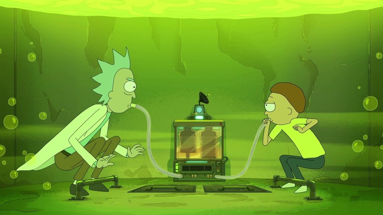 Rick and Morty submerged in a vat of acid in "The Vat of Acid Episode"