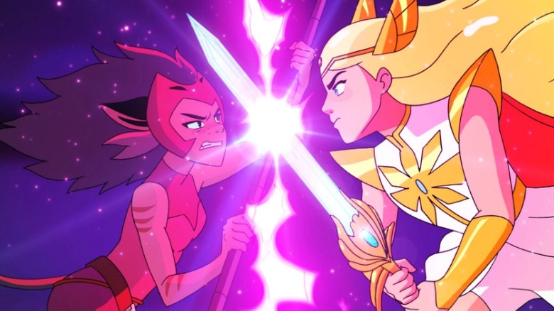 Adora and Catra fighting