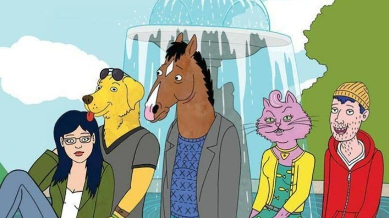 A talking horse stands with his friends