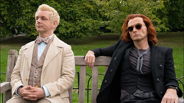 Aziraphale and Crowley on bench