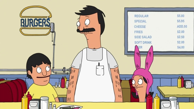 Gene, Bob, and Louise Belcher standing in front of counter