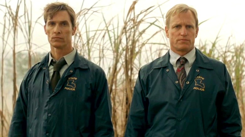 Rust Cohle and Marty Hart staring at something