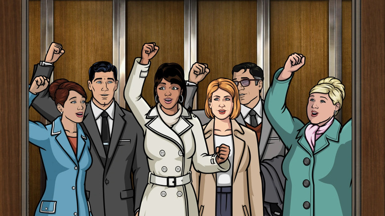 Archer's coworkers celebrate in elevator