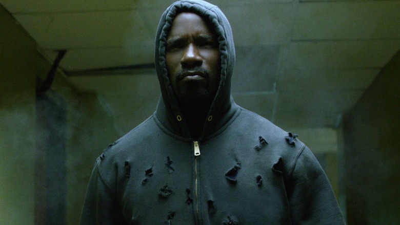 Luke Cage wearing bullet-riddled hoodie