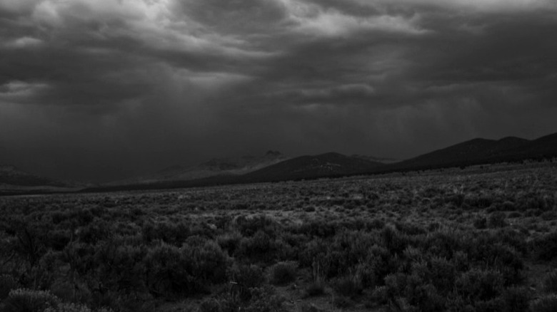 A desert landscape in black and white
