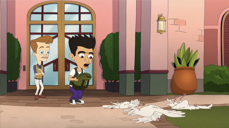 Matthew (Andrew Rannells), Jay (Jason Mantoukas), and three dead birds on "Big Mouth"