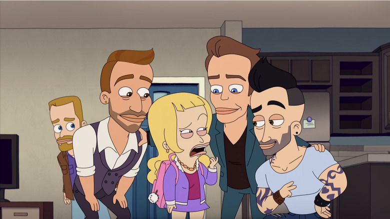 Lola (Nick Kroll) and the members of Bros4Life (Ed Helms, Adam Levine, and Matt Rogers) on "Big Mouth"