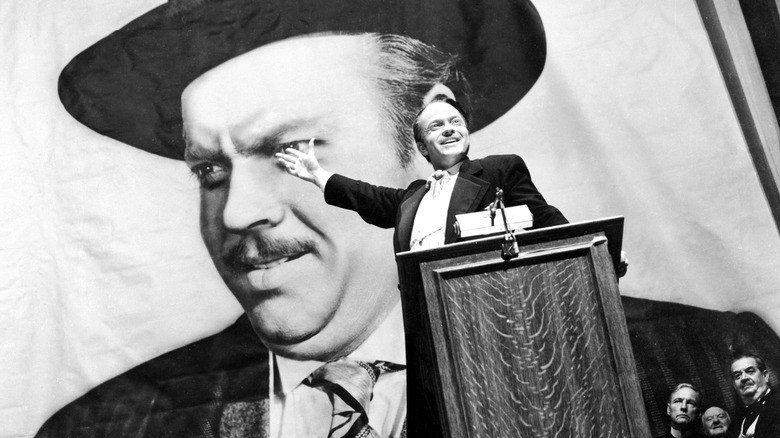 Welles at a podium in "Citizen Kane"