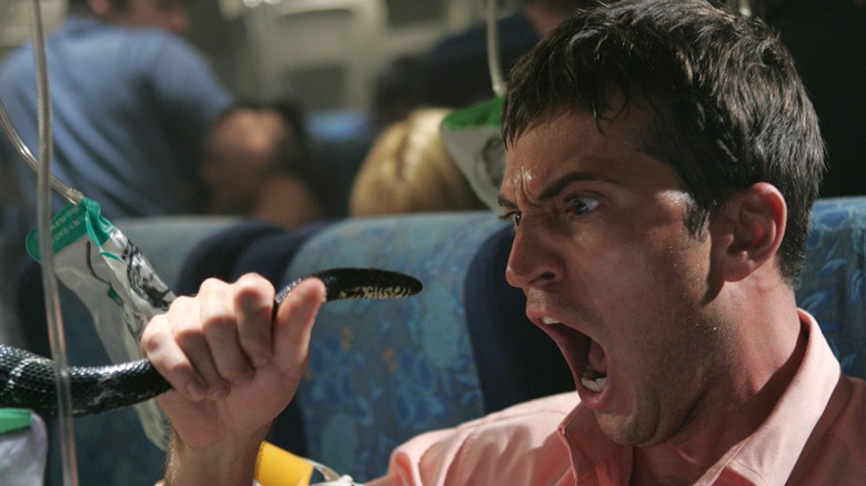 A man fighting of a snake on a plane