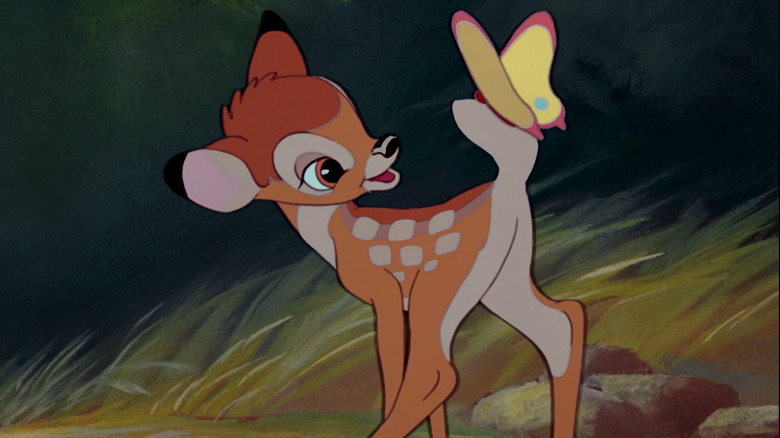 Bambi looks at a butterfly on his tail