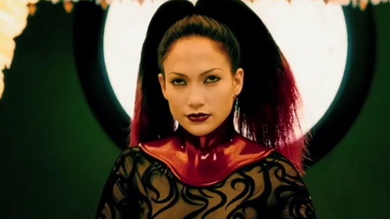 Jennifer Lopez in a red and black dress