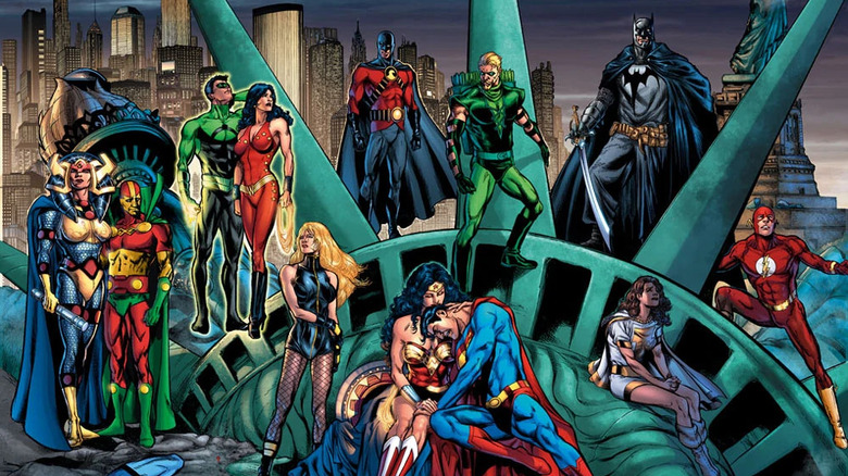 DC heroes clustered around Lady Liberty