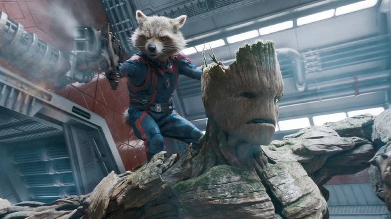 Rocket and Groot fighting