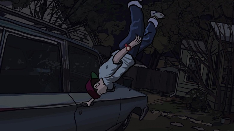 A floating boy grabs onto a car door in "Waking Life" (2001)