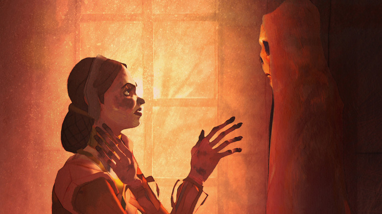 Animated woman meeting Death in orange hues