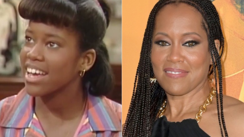 Brenda Jenkins in "227" and Regina King smiling for photographers i na black dress in 2024