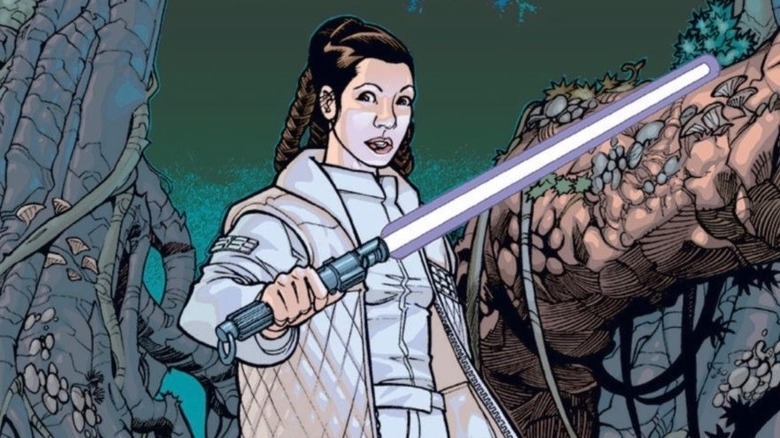 Princess Leia holding lightsaber