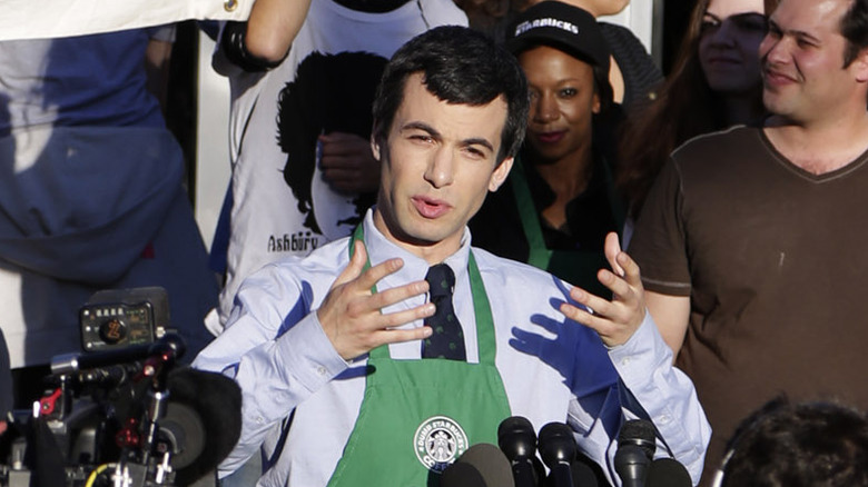 Nathan Fielder speaking to the press