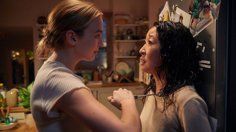 Villanelle holding a knife to Eve's throat in Killing Eve