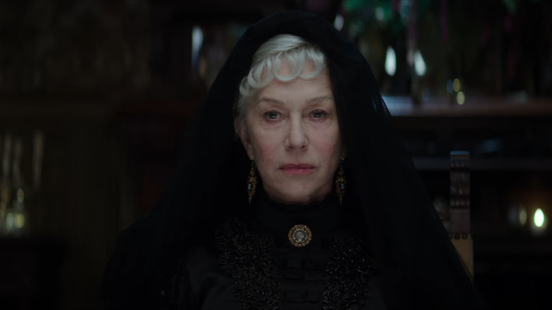 Helen Mirren in black mourning clothes in Winchester