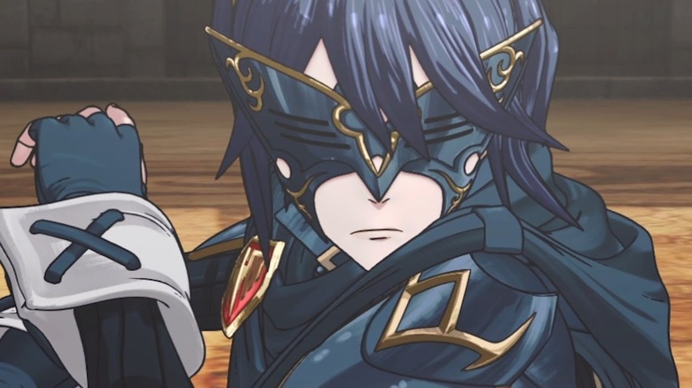 Masked Lucina in black armor raises hand