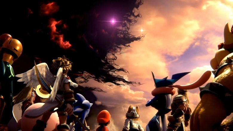 Smash Bros characters staring at an evil cloud 