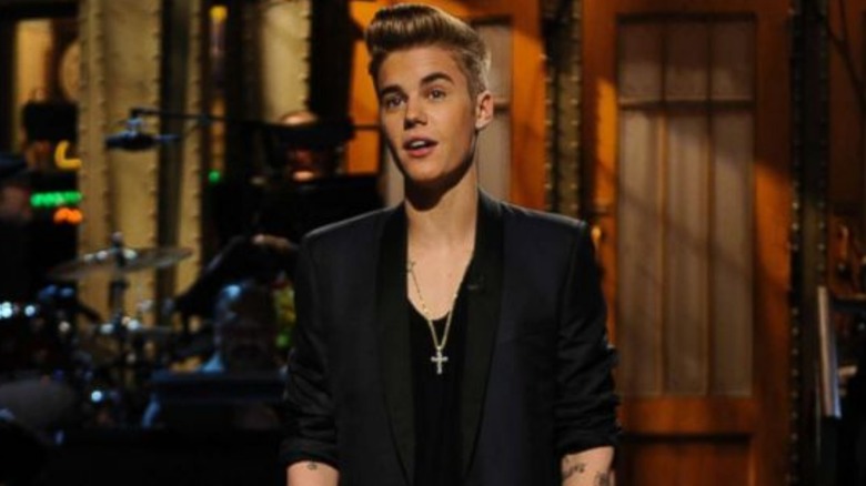 Justin Bieber wearing black SNL