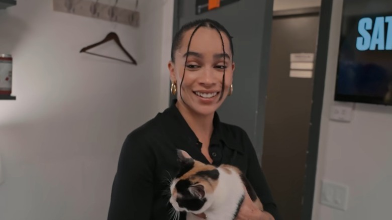 Kravitz holds a cat in an SNL pre-tape